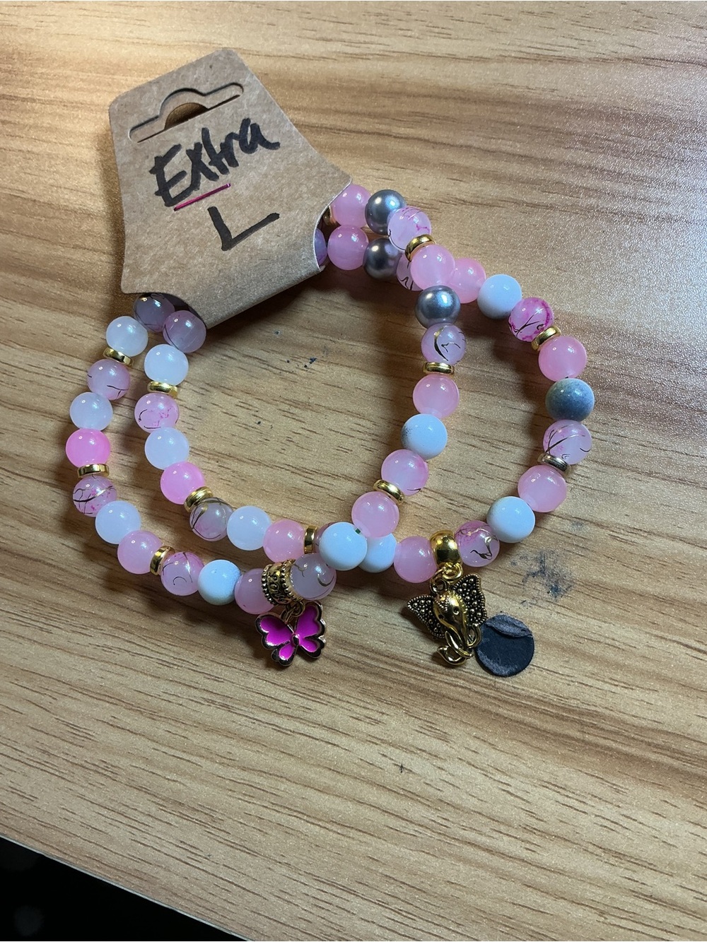 Pink & White Beaded Charm Bracelet Set with Gold Accents